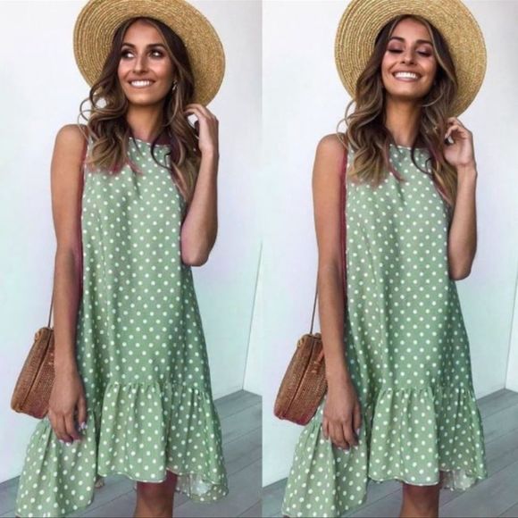 LIGHT Green Polka Dot Dress - Picture 1 of 3